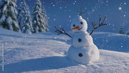 Enchanting Winter Wonderland with a Cheerful Snowman Under Gentle Snowfall