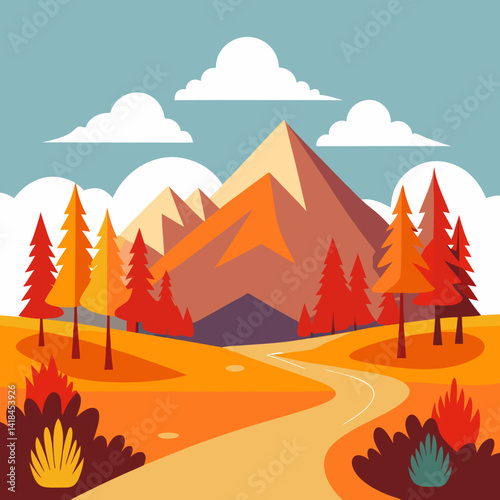 Landscape of mountain empty road in autumn with pines, bushes, orange grass Flat colorful vector illustration