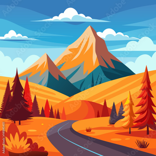 Landscape of mountain empty road in autumn with pines, bushes, orange grass Flat colorful vector illustration