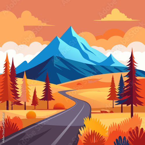 Landscape of mountain empty road in autumn with pines, bushes, orange grass Flat colorful vector illustration