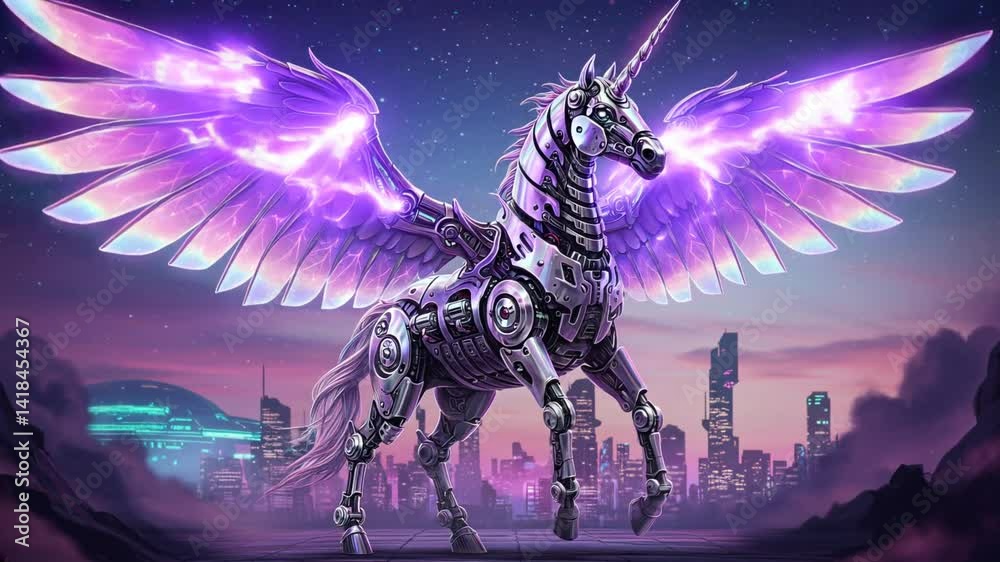 Animated metallic unicorn rises on its hind legs while electrifying wings spark waves of electricity