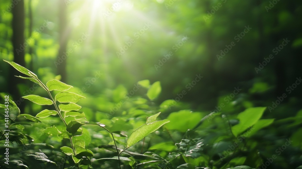 Sunlit Forest Undergrowth: Lush Green Leaves in Serene Sunlight Sunlit Forest Undergrowth: Lush Green Leaves in Serene Sunlight