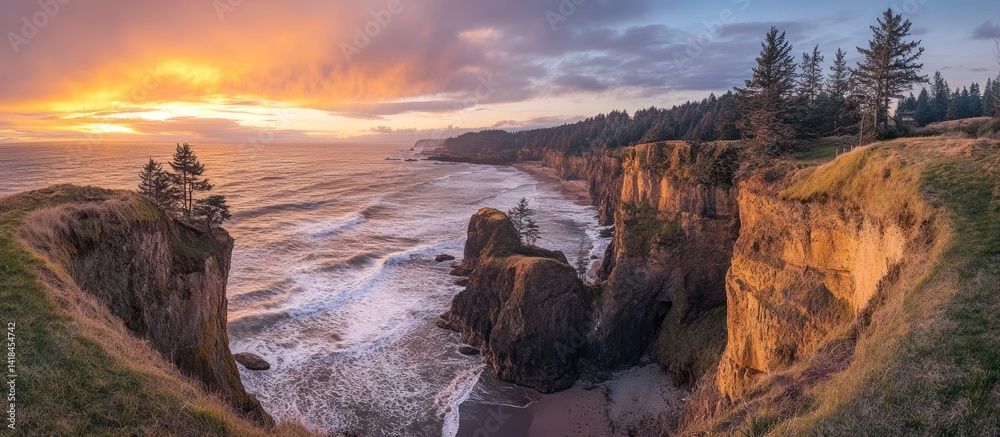 Fototapeta premium Golden sunset colors illuminate ocean cliffs with trees at the coast