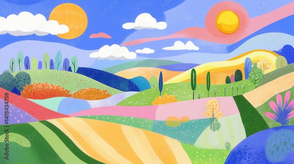 Fototapeta premium Colorful abstract landscape painting with fields and distant hills under sunny skies