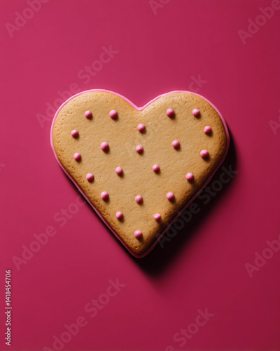 A heart-shaped cookie with pink icing and pink dots