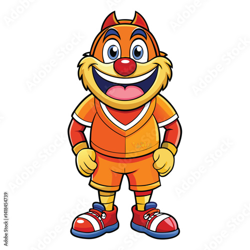 Cheerful orange mascot in sports attire