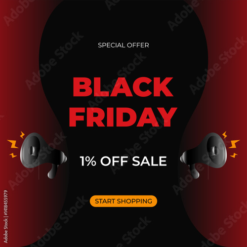 1% off sale Black Friday header with special offer advertising. One Percent. Promotional banner with discount and loudspeakers. Vector illustration.