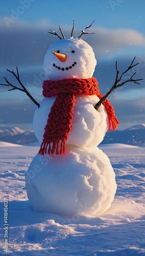 Festive snowman with red scarf standing tall in a snowy winter landscape