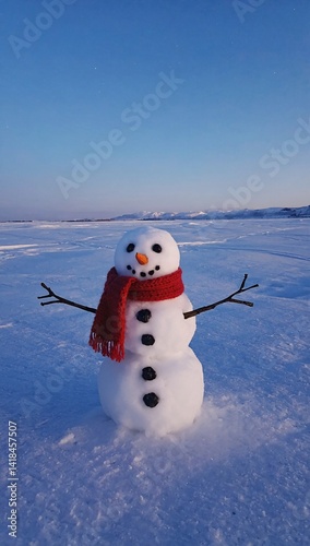 Charming snowman adorns a snowy landscape against a serene winter sky