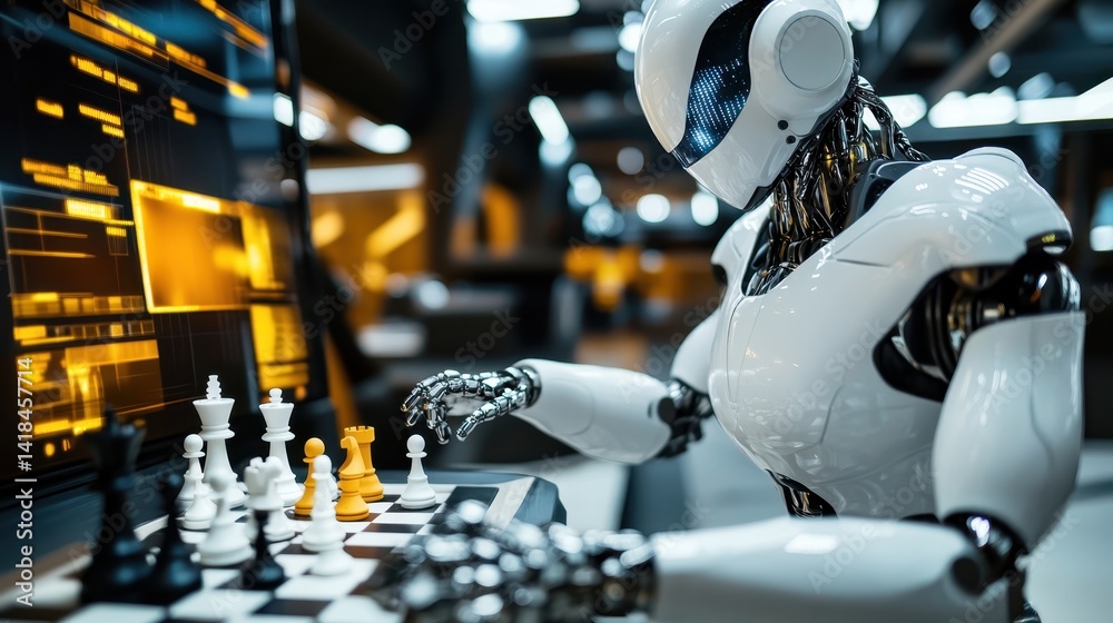 Fototapeta premium Robot chess player engages in strategic match in a modern technology environment during a tournament