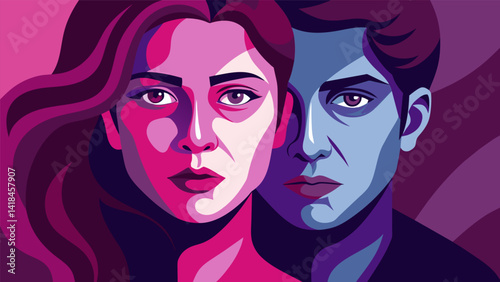 A portrait of a couple their faces intertwined in shades of deep purples and pinks capturing the intensity and complexity of their relationship.. Vector illustration