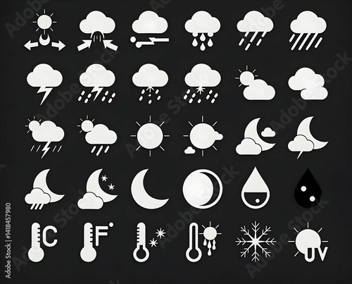 Weather Forecast Icon Set Showing Various Atmospheric Conditions and Temperatures