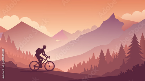 As the sun rises over the mountains the biker pedals through a dense fog using their senses and intuition to navigate the challenging trail.. Vector illustration