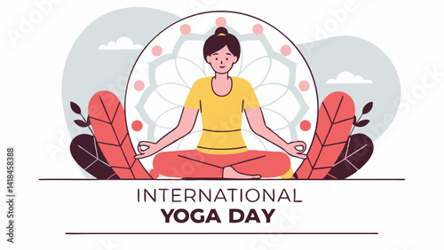 Woman meditating yoga pose, minimalist style, pastel colors, International Yoga Day celebration