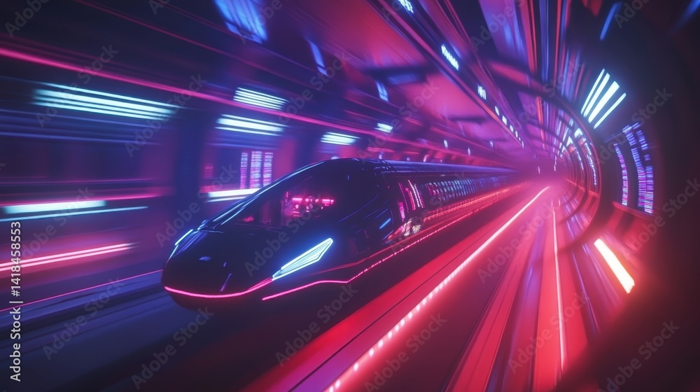 Futuristic train traveling through a neon-lit tunnel at high speed during night