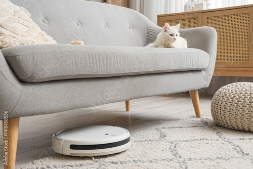 Cute white cat with robot v...