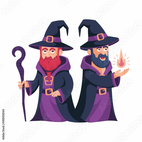 Discover this vibrant illustration of two cartoon wizards in dark cloaks, one holding a staff and the other conjuring fire. Perfect for magical themes!