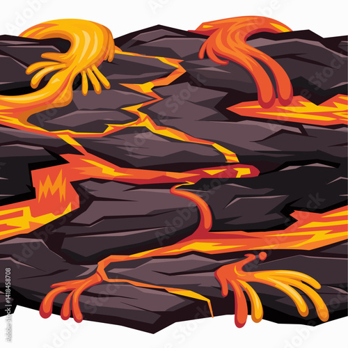 Explore this dynamic illustration of vibrant lava flowing over cracked black rock. Perfect for projects related to nature, geology, and adventure themes.