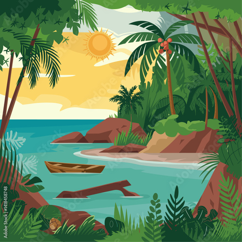 Discover the serenity of a tropical beach scene. This vibrant illustration showcases lush greenery, a boat bobbing gently in the water, and the warm glow of the sun.