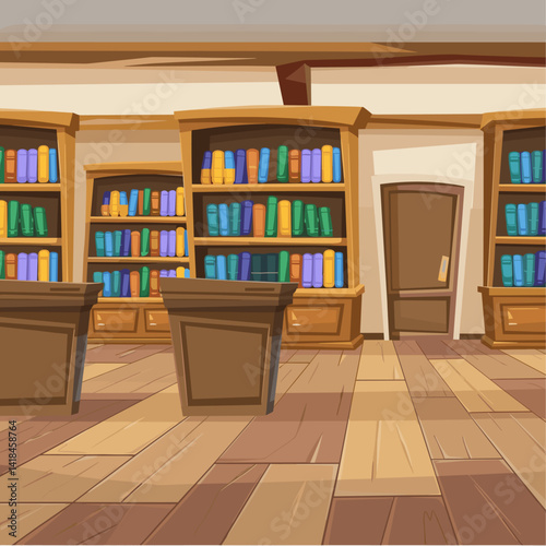Explore this inviting library interior featuring colorful bookshelves filled with books, wooden flooring, and warm lighting, perfect for creating a serene atmosphere for readers.