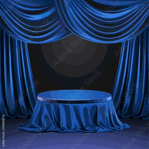A beautifully designed blue stage featuring luxurious draped curtains, perfect for theatrical performances, presentations, or photo shoots. Create a captivating atmosphere with this backdrop...