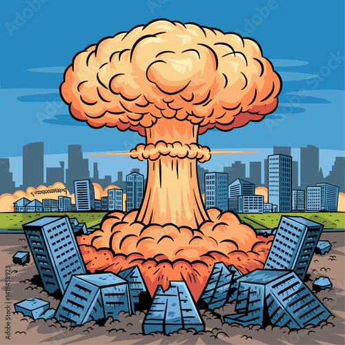 This vibrant illustration captures a dramatic nuclear explosion rising above a devastated cityscape, highlighting the chaos unleashed by an atomic blast.