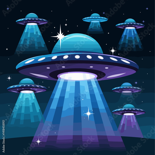 Explore this creative vector illustration featuring futuristic UFOs beaming lights down from a starry night sky. Perfect for sci-fi themes and extraterrestrial concepts!
