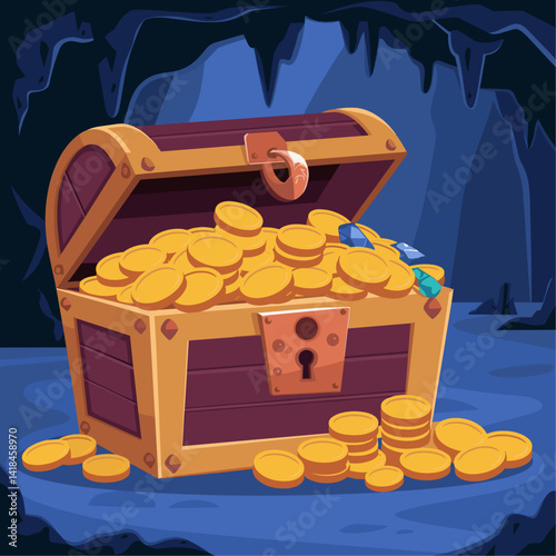 Explore the allure of adventure with this vibrant illustration of a treasure chest brimming with shiny gold coins. Perfect for storytelling, games, or fantasy themes.