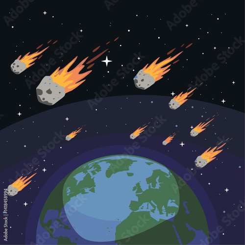 Dynamic illustration of fiery asteroids hurtling towards Earth, set in a starry night sky. A striking reminder of space's wonders and dangers. Perfect for science and technology themes.