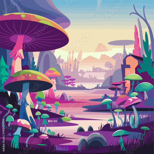 Explore a whimsical digital illustration featuring oversized colorful mushrooms, a tranquil river, and majestic mountains. Perfect for fantasy themes and nature-inspired designs.