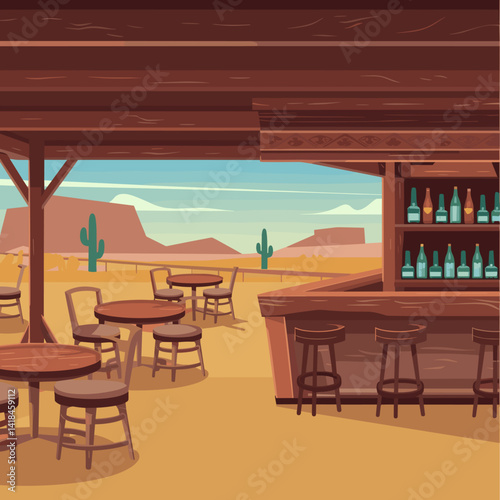 Capture the essence of the Wild West with this charming illustration of a rustic bar in a desert landscape, featuring wooden tables and a scenic backdrop.