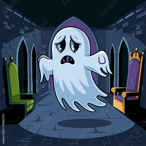 Discover a whimsical cartoon ghost hovering in an eerie gothic castle. Perfect for Halloween themes, spooky designs, and playful illustrations.