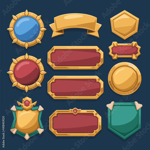 Explore this collection of vibrant game badges and UI elements, perfect for enhancing video game interfaces and designs. Unique shapes and colors.