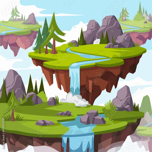 Discover a whimsical floating island featuring a serene waterfall cascading into a vibrant river, surrounded by lush greenery and rocky formations. Perfect for fantasy and adventure themes.