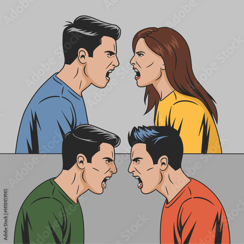 This dynamic illustration captures a heated argument between a man and a woman, showcasing raw emotions and conflict. A powerful visual reflection of human relationships and tension.