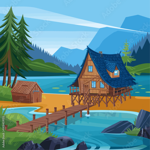 Explore a peaceful lakeside scene featuring a charming wooden cabin, dock, and lush green trees against stunning mountain views.