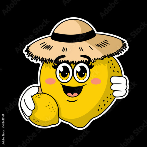 This vibrant cartoon lemon character, complete with a straw hat and a big smile, is perfect for fun designs. Great for food-related themes or children’s products!