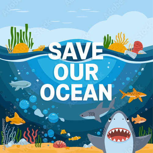 Colorful illustration highlighting the importance of ocean conservation. Featuring diverse marine life, it's a call to action to save our oceans and protect marine ecosystems.