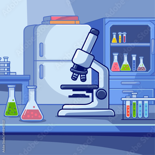 Explore a vibrant illustration of a modern laboratory, showcasing a microscope alongside colorful glassware filled with various chemical solutions. Perfect for educational or scientific them...