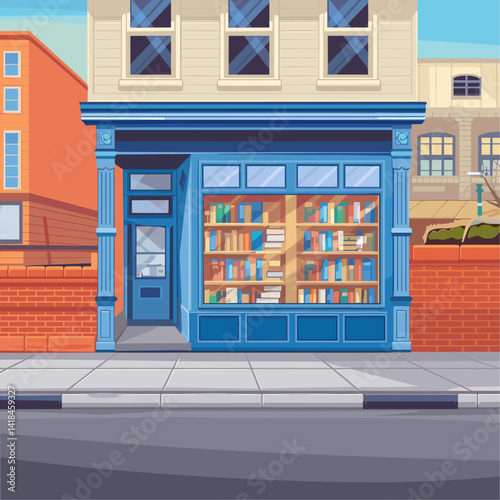 Explore this captivating illustration of a blue bookstore front, featuring colorful window displays filled with books. Ideal for designs focusing on literature, education, or community.