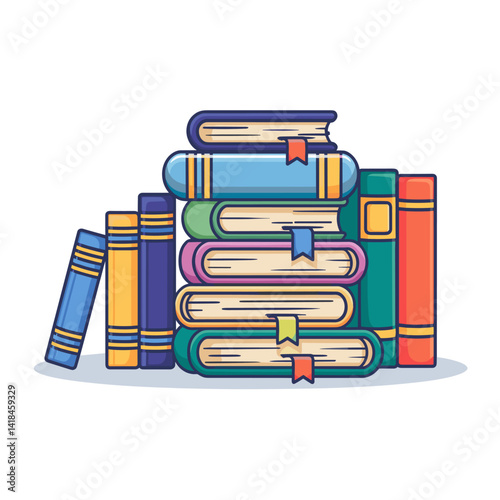 A vibrant illustration of a stacked assortment of books in various colors, complete with colorful bookmarks. Perfect for projects related to education, reading, and learning.