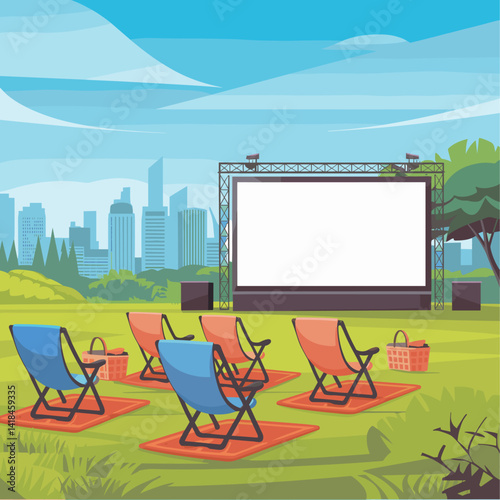 Experience the charm of an outdoor movie night setup featuring a blank screen and vibrant chairs against a city skyline. Perfect for events, gatherings, and entertainment concepts.