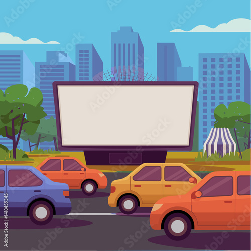 A vibrant urban landscape featuring colorful cars in traffic alongside a large, blank billboard. Surrounded by trees and city buildings, this scene captures the essence of modern city life.