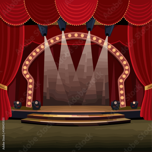 Discover a beautifully designed theater stage featuring rich red curtains and focused spotlights, perfect for performances or events. Ideal for creative projects or promotional materials.