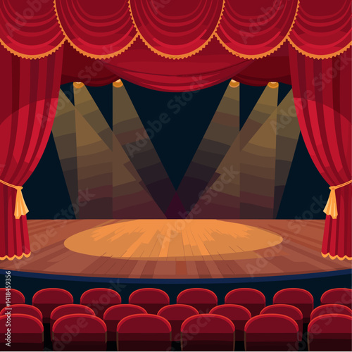 A beautifully illustrated stage featuring rich red curtains and focused spotlights, perfect for showcasing dramas, musicals, and performances.