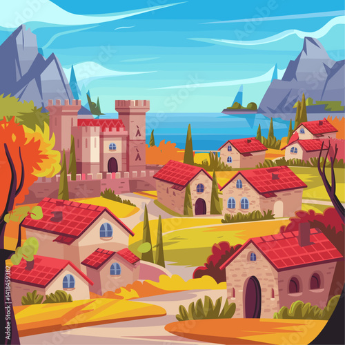 Experience a picturesque landscape featuring a grand castle surrounded by charming villages, lush trees, and vibrant autumn colors by the sea.