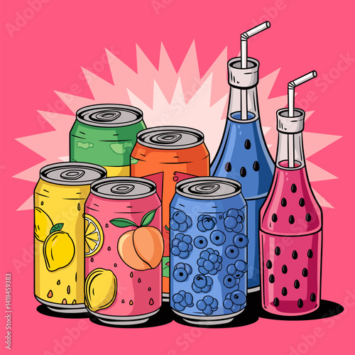 Explore a vibrant collection of colorful beverage cans and bottles featuring fruity flavors. Perfect for summer themes, graphic designs, or marketing projects.