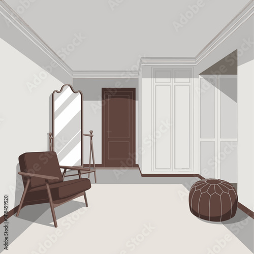 Explore this minimalist hallway design featuring a stylish mirror, chic furniture, and a cozy pouf, perfect for contemporary decor inspiration.