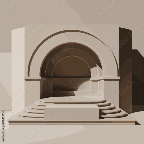 A modern interpretation of a classical architectural stage, featuring smooth curves and sharp angles in a neutral palette. Ideal for creative projects focused on design.