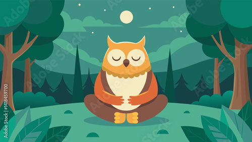A wise old owl takes you through a series of calming and restorative yoga poses in a tranquil forest setting.. Vector illustration